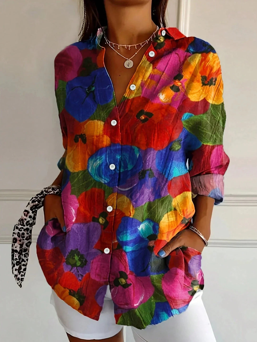 Full view floral redness button blouse