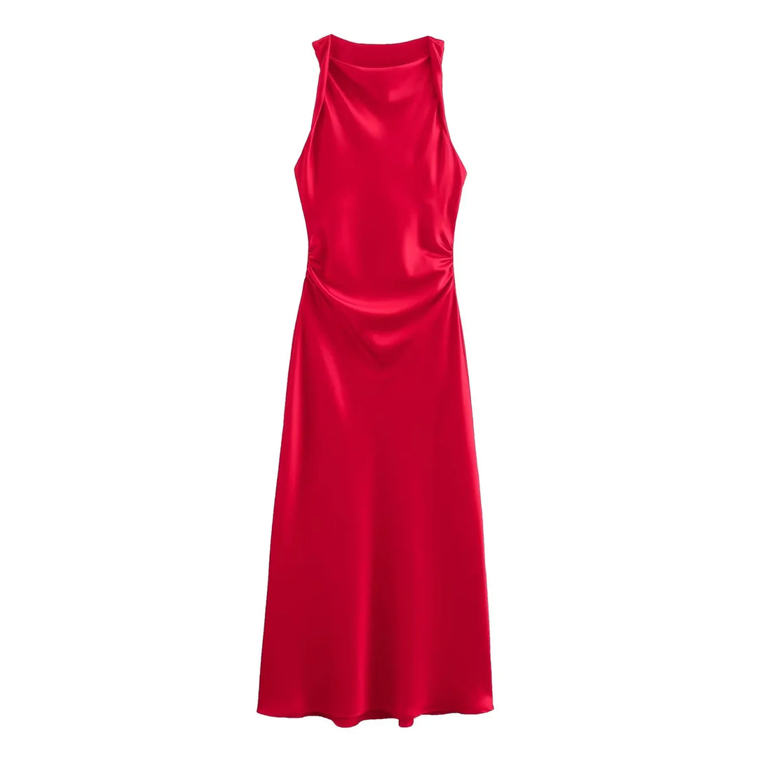 Trendy sleeveless cowl neck midi dress with ruched sides.