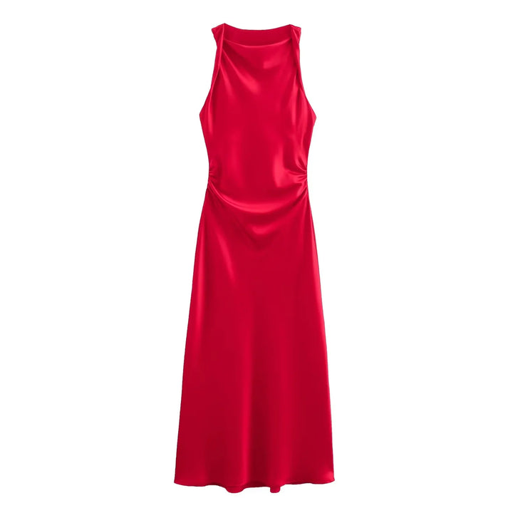 Trendy sleeveless cowl neck midi dress with ruched sides.