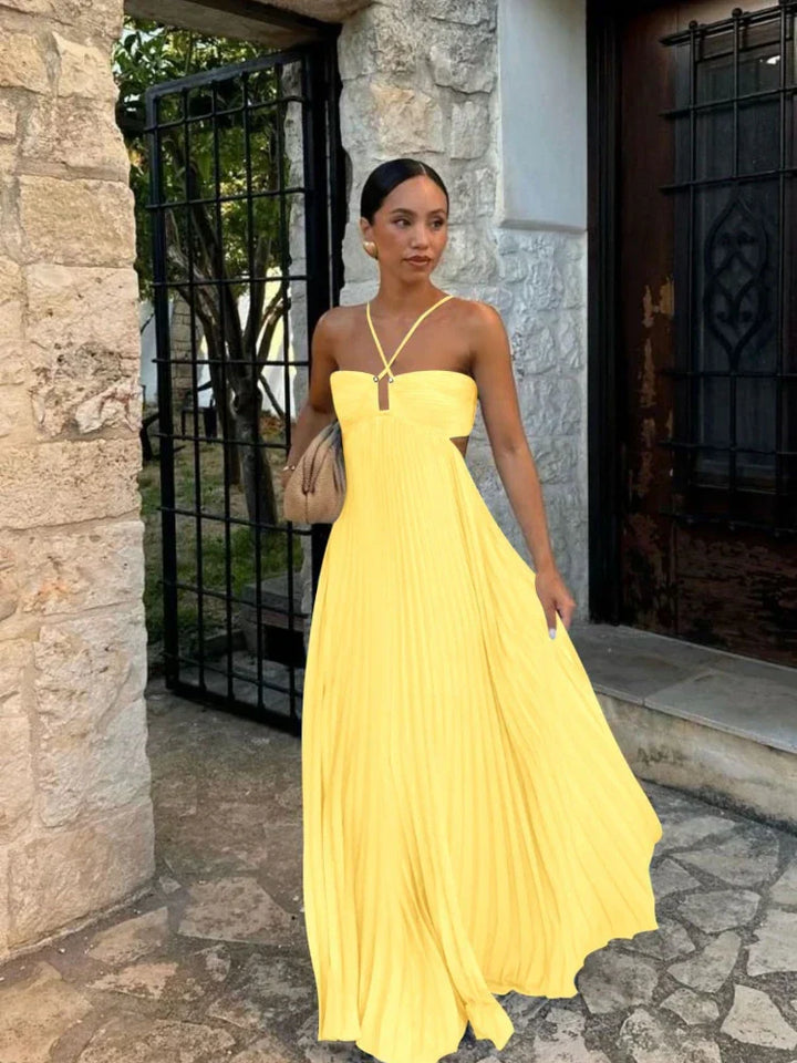 Farrah | Glamorous Halter Pleated Long Maxi Dress with Strappy Deign