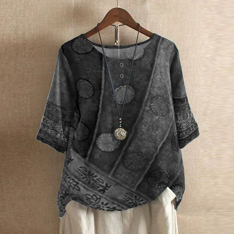Vintage print tunic blouse with round neckline