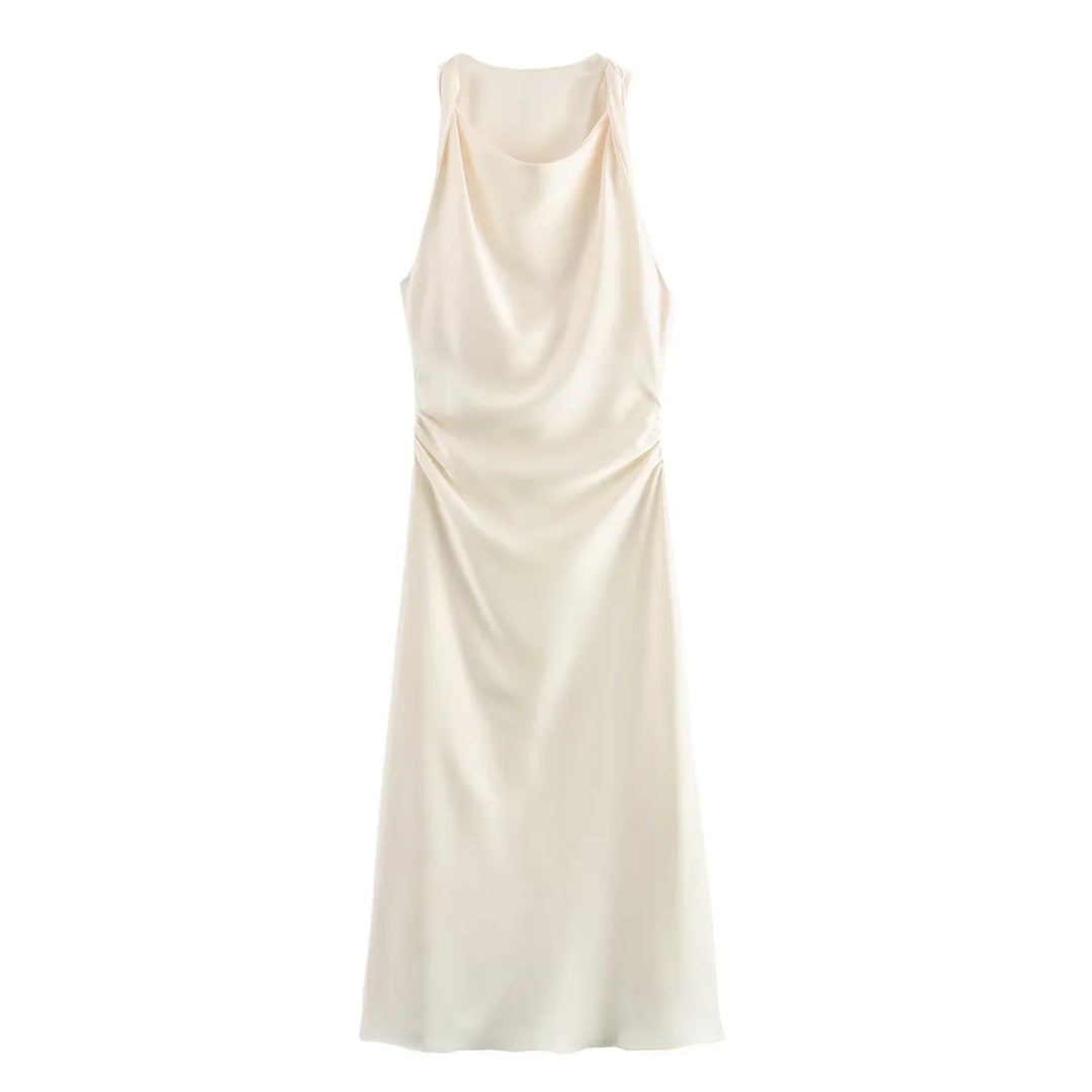 Elegant fitted midi dress with soft draped neckline.