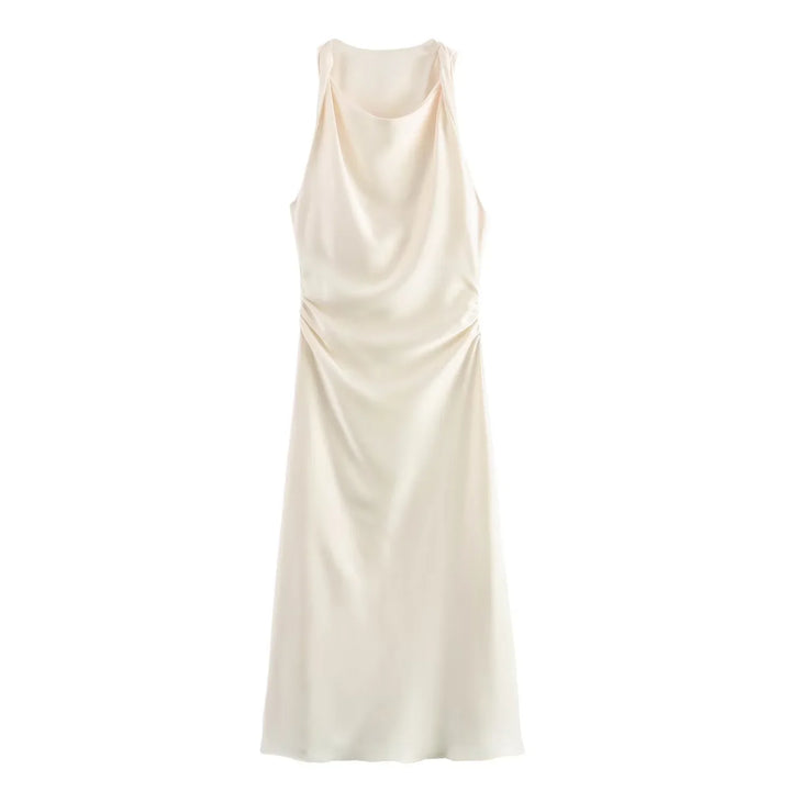 Elegant fitted midi dress with soft draped neckline.