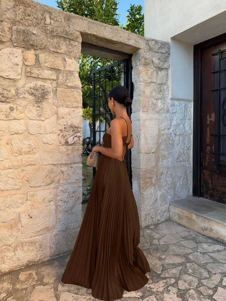 Farrah | Glamorous Halter Pleated Long Maxi Dress with Strappy Deign