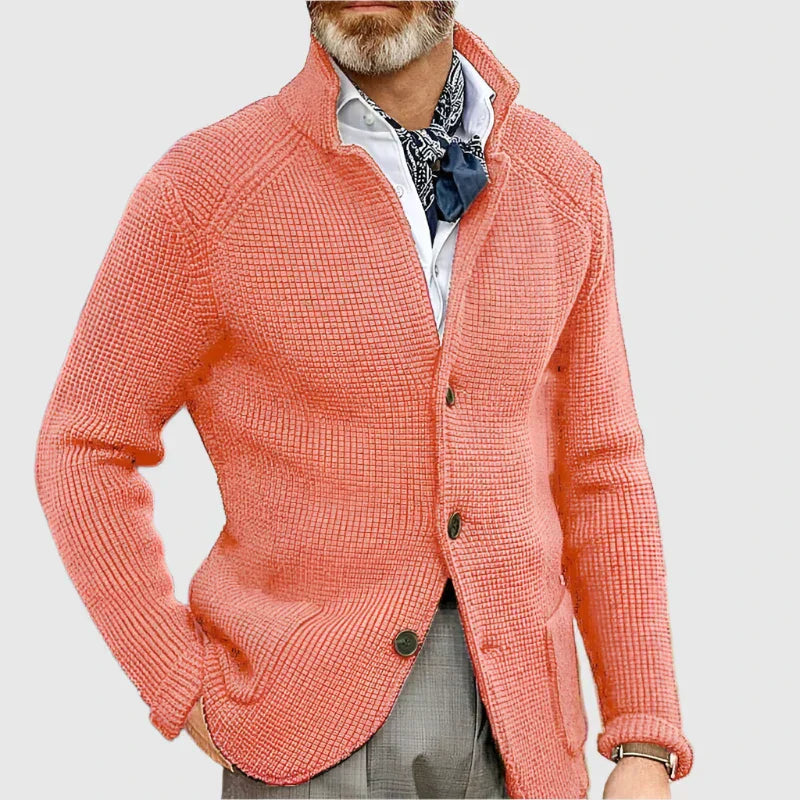  Male model displaying a smart summer outfit with natural texture on a plain background.