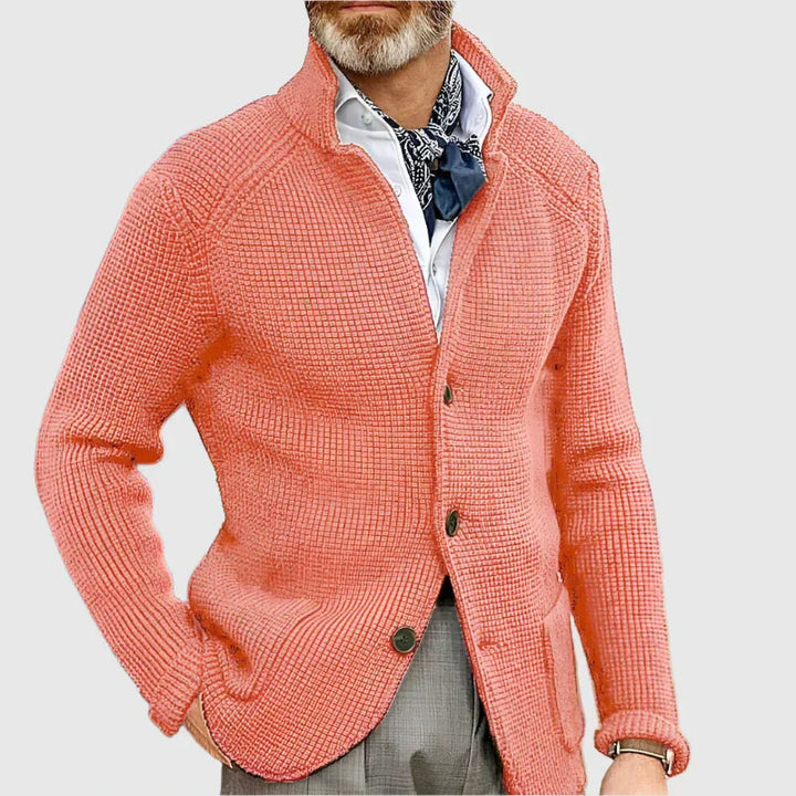  Male model displaying a smart summer outfit with natural texture on a plain background.