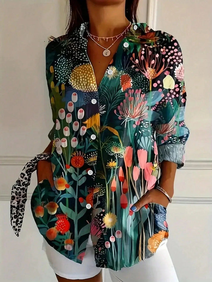 Model wearing floral dress in white background