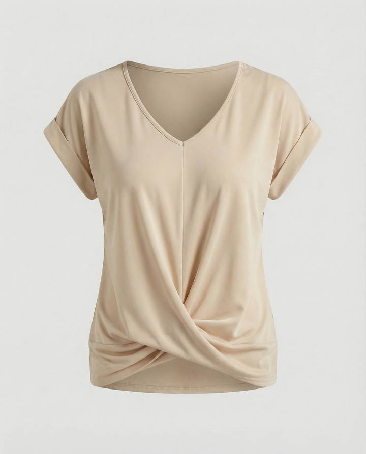 Female model showcasing a versatile V-neck blouse suitable for multiple occasions.