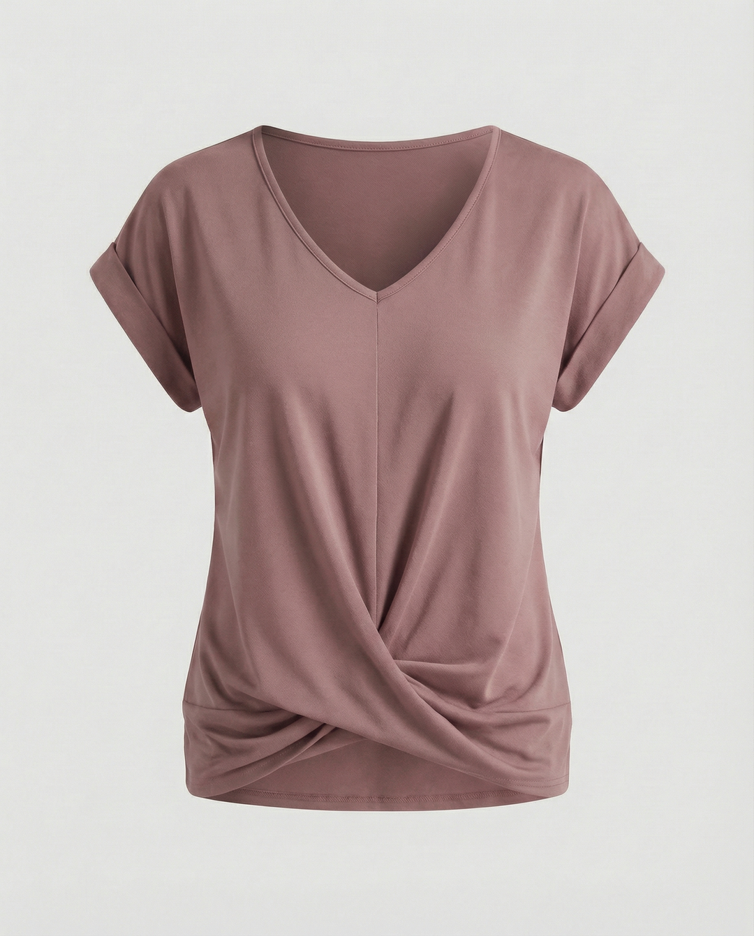 Female model in a lightweight V-neck top designed for everyday wear.
