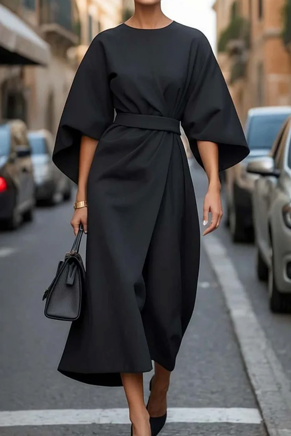 Female wearing a full-length evening dress with flowing sleeves against a plain background.