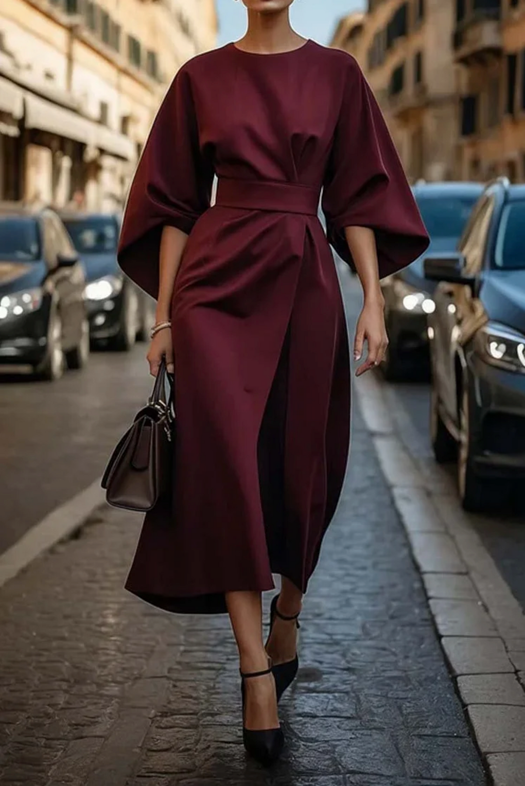  Woman wearing a stylish evening dress with a flowing silhouette on a plain background.