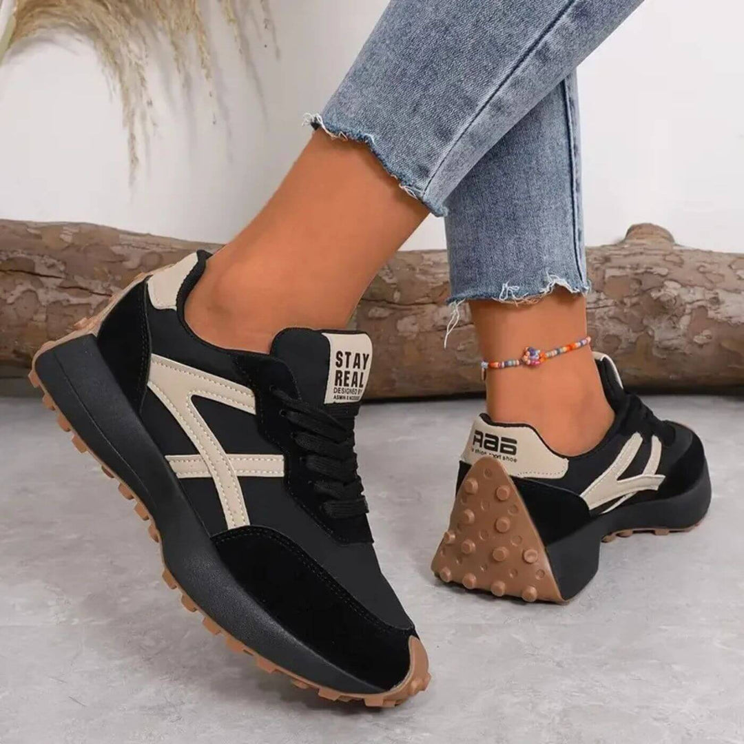 Back view cushioned trainers paired with beige side color detail for casual styling 