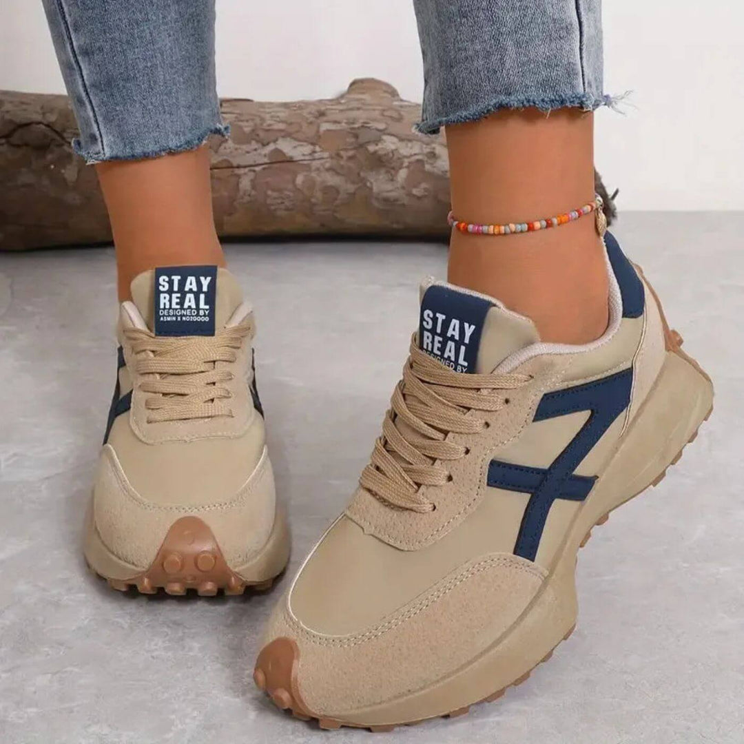 Beige fashion sneakers with rugged non-slip bottom sole