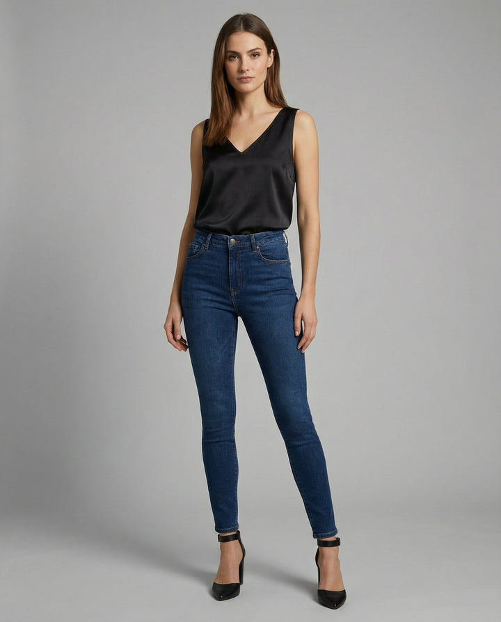 Woman showcasing a versatile everyday top on a plain background.