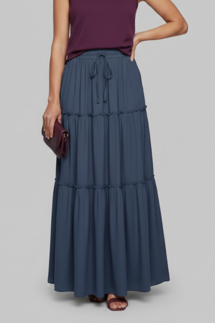 Model wearing pull on maxi skirt front