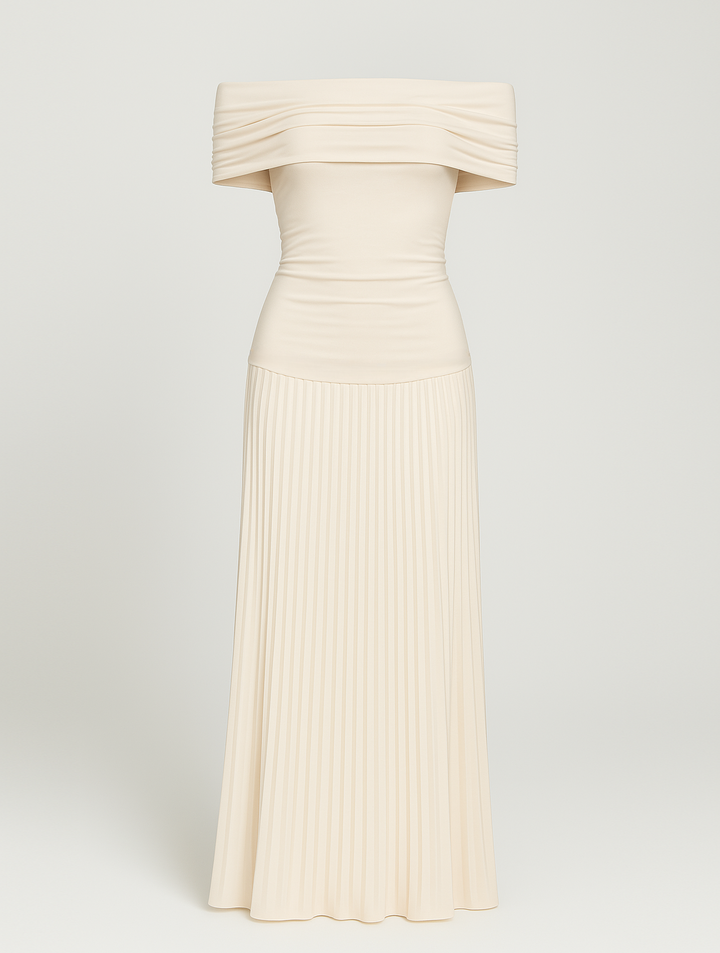 Pleated maxi dress suitable for weddings and evening celebrations.