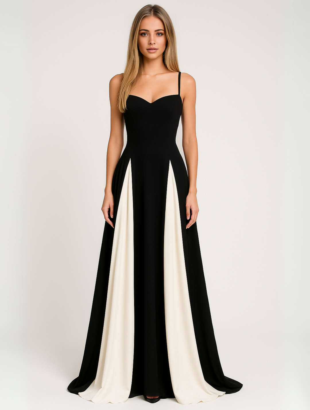 Female model wearing a contrast panel formal maxi dress against a plain background.