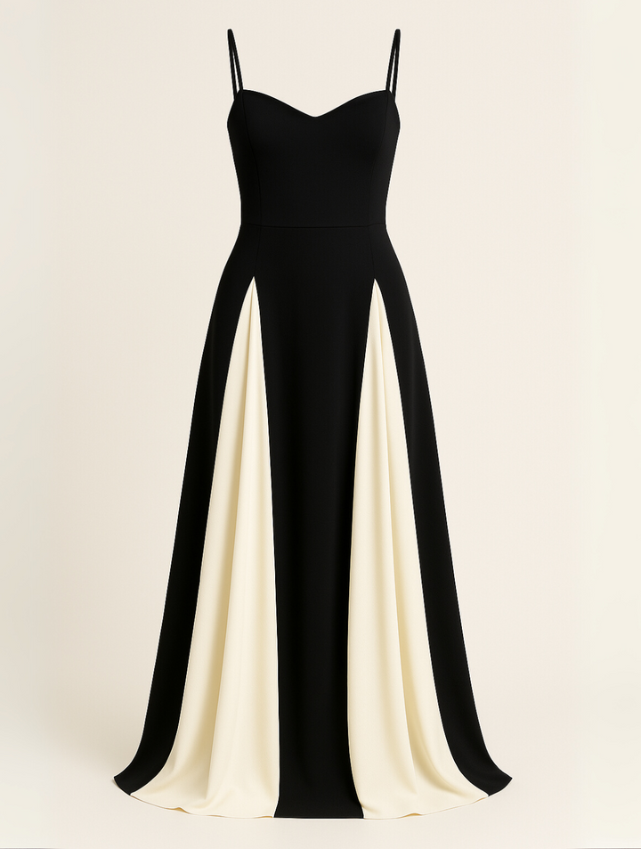 Female model showcasing a formal summer maxi dress with contrast detailing.