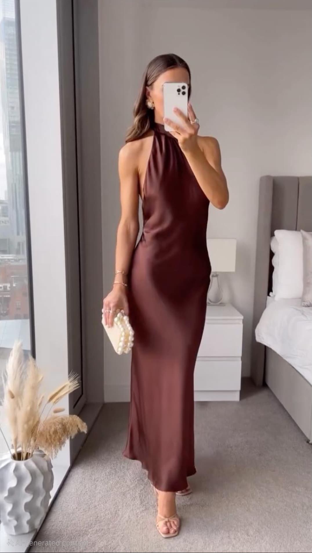 Woman model wearing a brown halter maxi dress on a plain background.