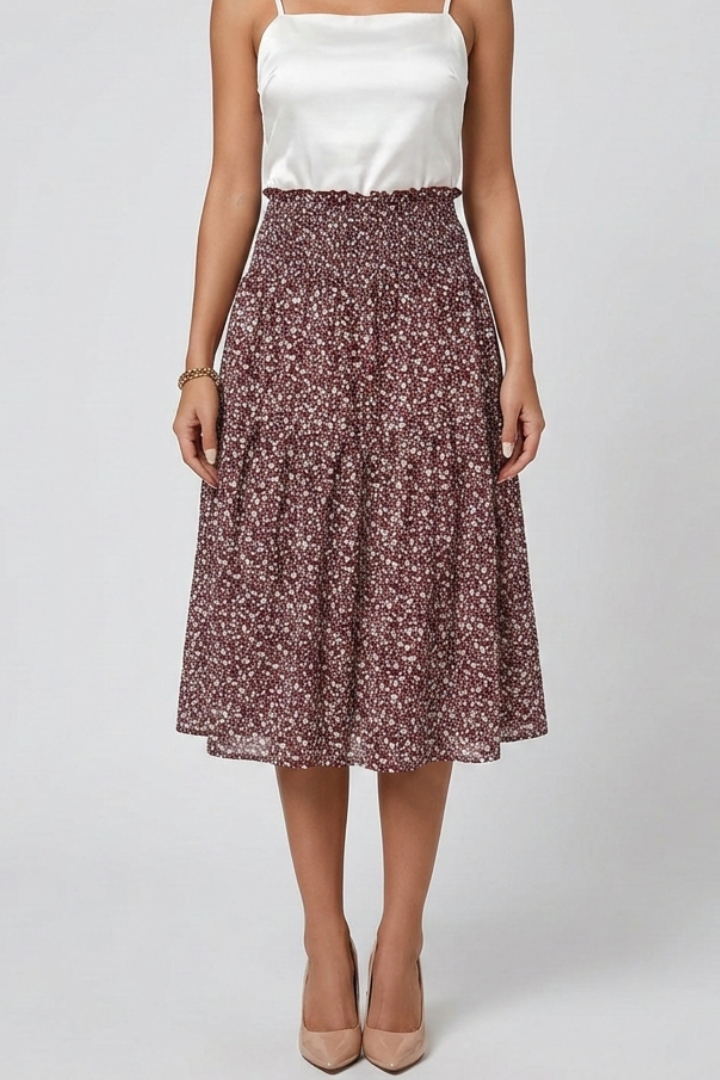 Styled midi red skirt outfit gray background image
