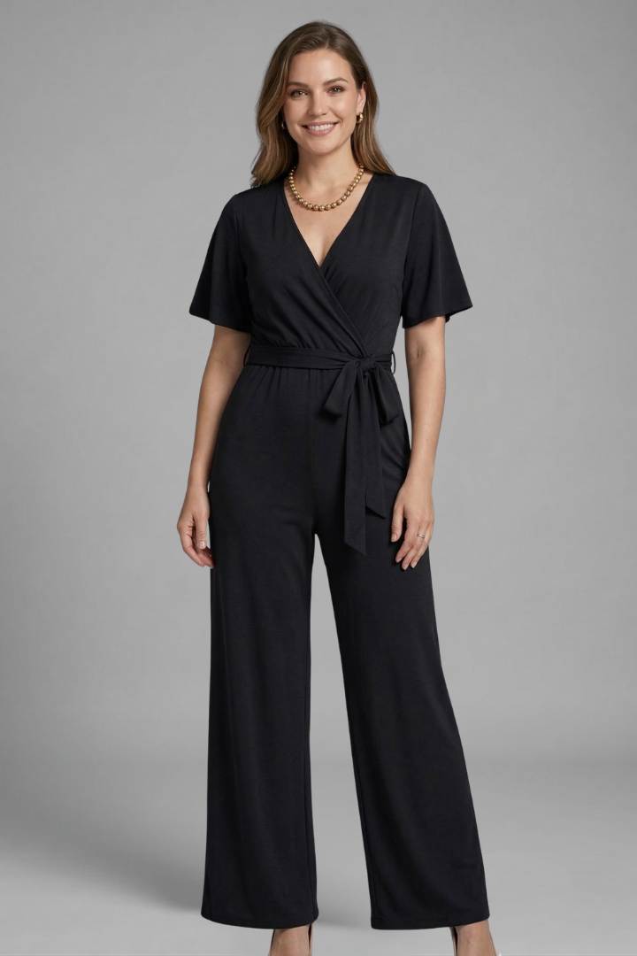 Female model showcasing a V-neck wrap style jumpsuit with wide leg cut on a plain background.