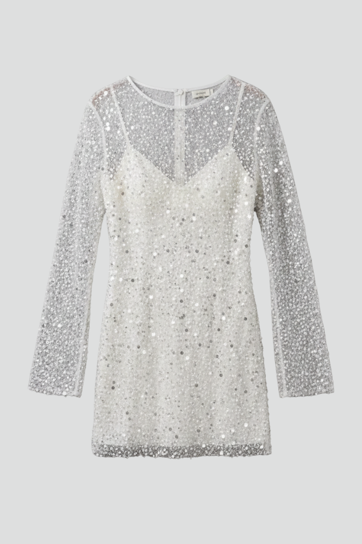 Elegant sheer mesh overlay dress full front view.