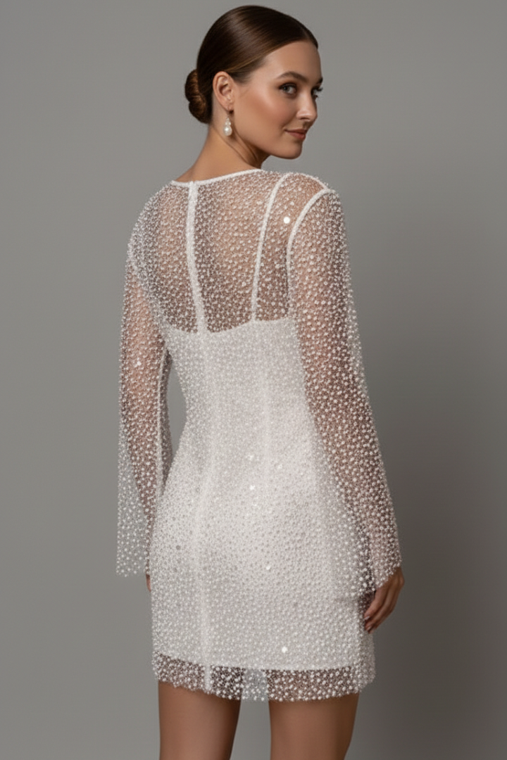 Female model wearing layered mini dress with long sleeves, back angle