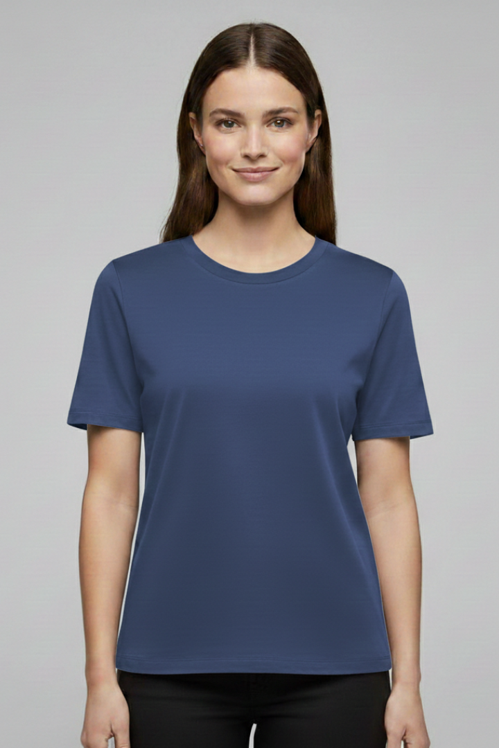 Studio model showcasing plain short sleeve apparel