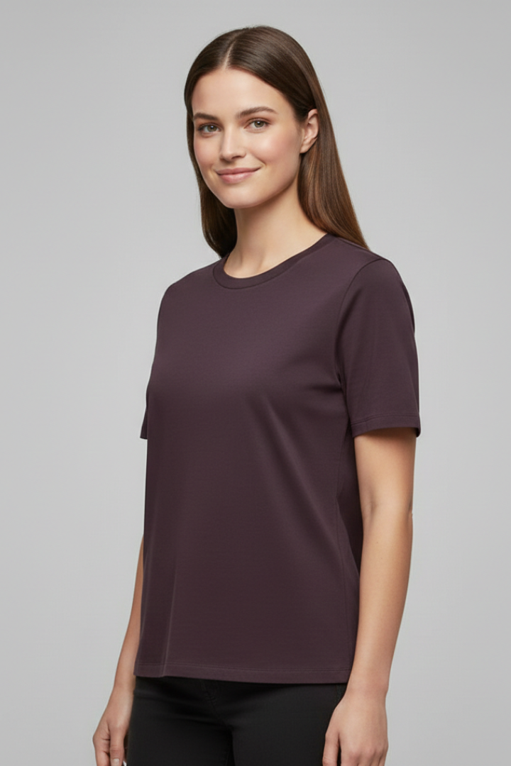 Front angled view of short sleeve casual top