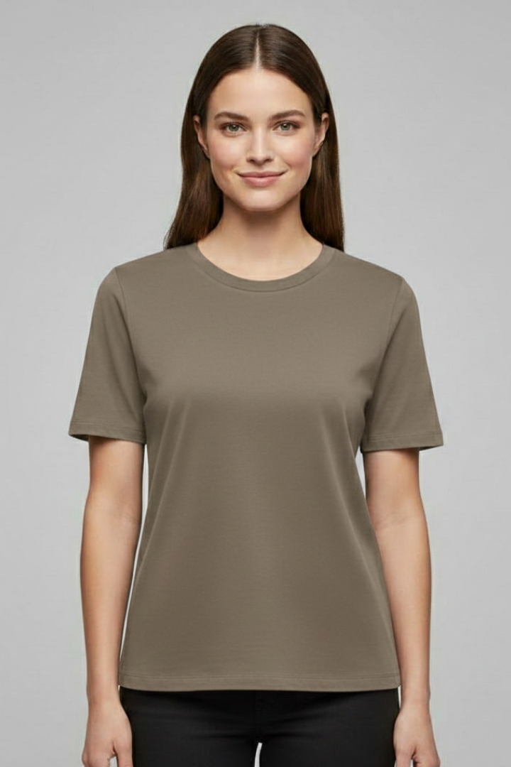 Woman short sleeve top in angled portrait