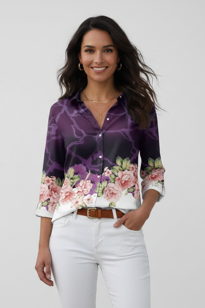 Front angle of printed blouse on model