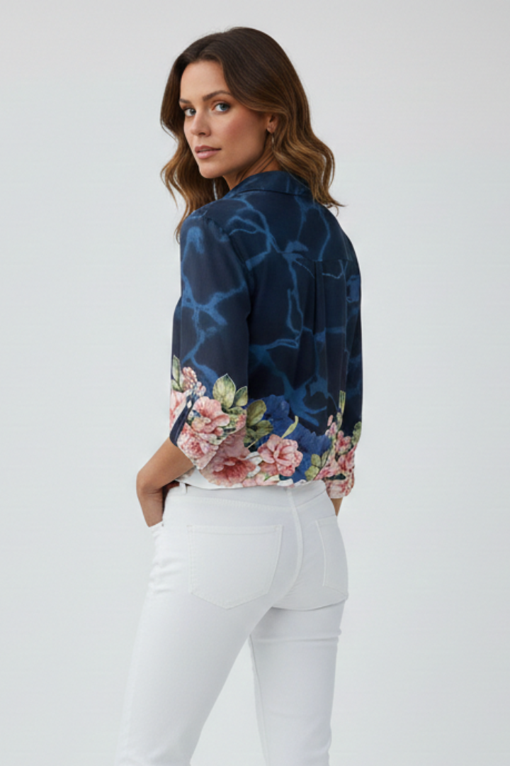 Elegant floral border print blouse back angle shot