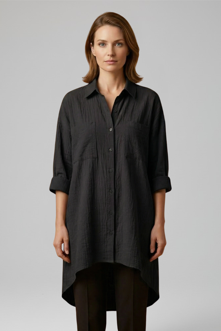 Chic women's black shirt top with buttoned front panel