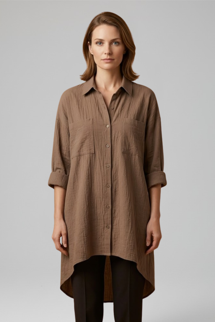 Front view of collared woven blouse on grey background
