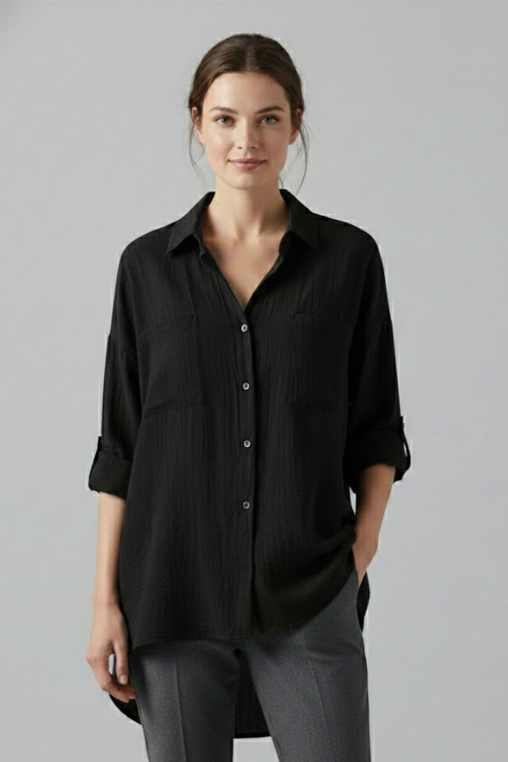 Female in woven black top front close up studio shot