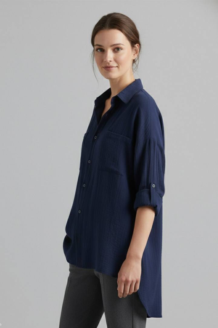 Blue blouse front angle studio product photo