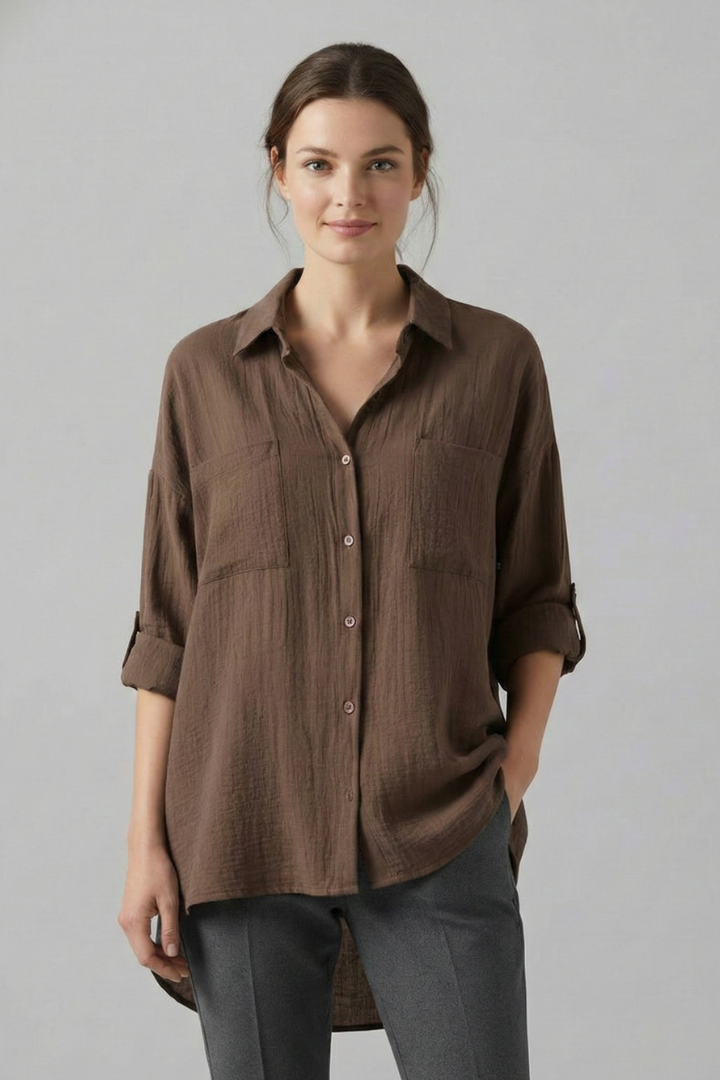Woman in relaxed fit collared blouse front angle product image