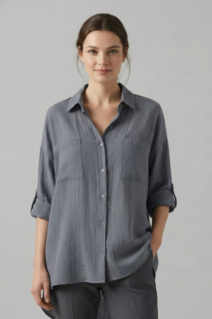 Long sleeve gray blouse with clean front button design