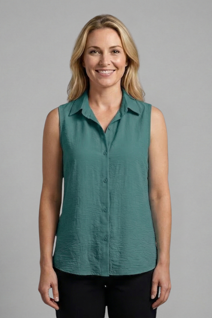 Straight cut sleeveless blouse in green color