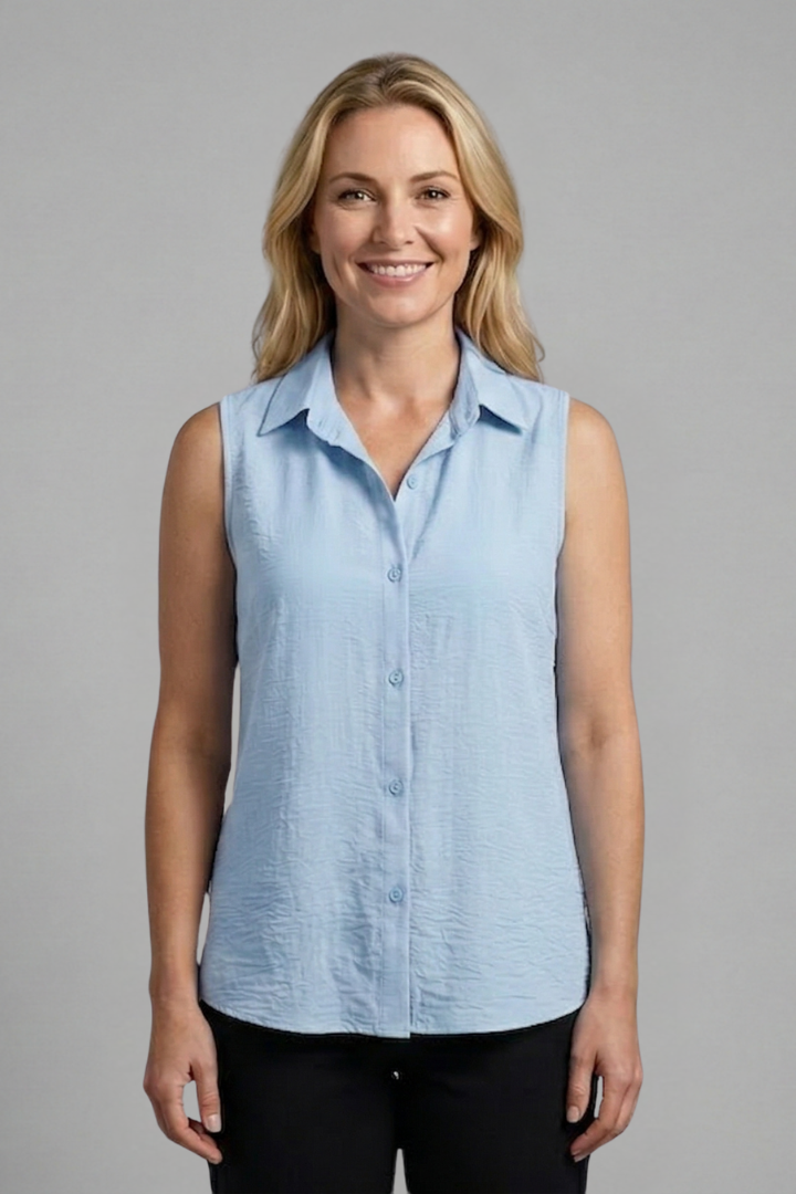 Light blue sleeveless shirt with polished look