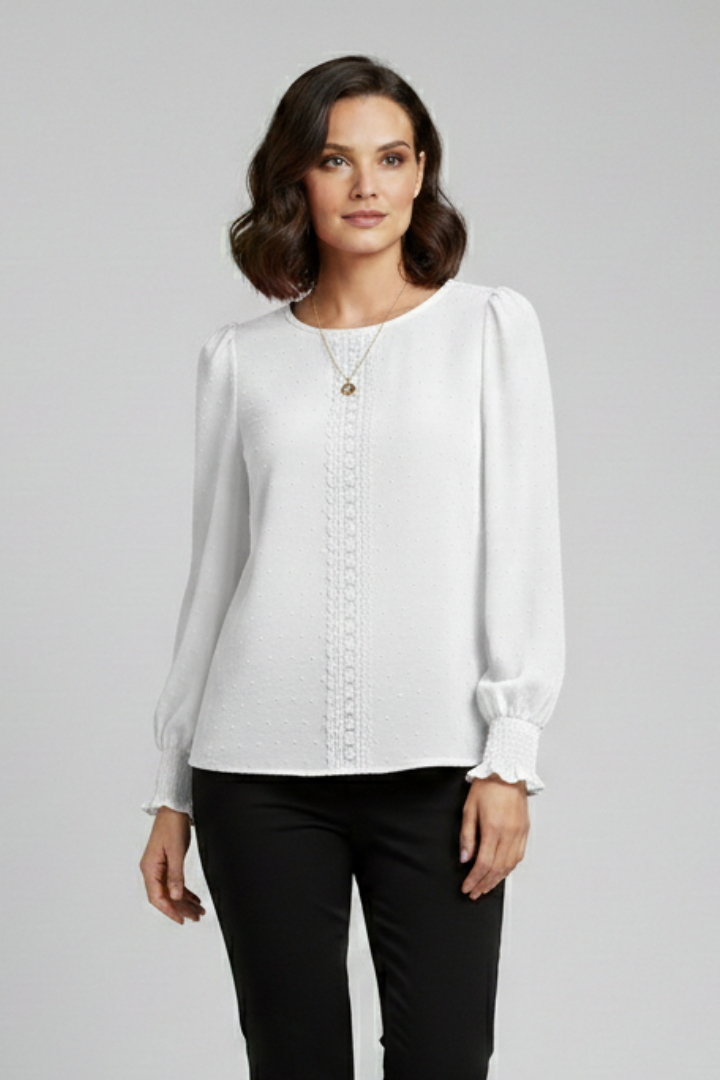 Smart casual white blouse front pose studio