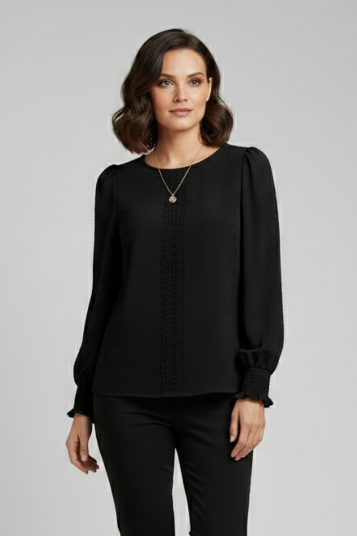 Woman in black embroidered garment product photo