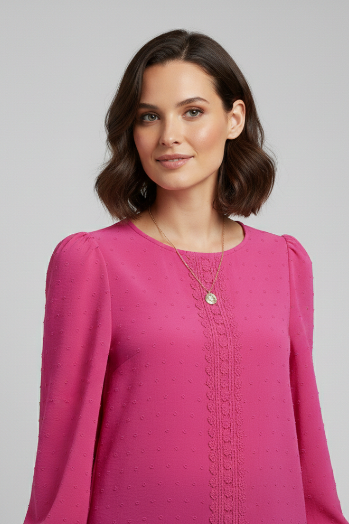 Woman in pink blouse zoom angle in gray background