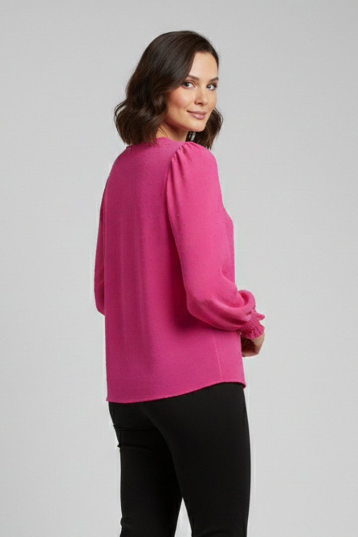Embroidered cuff sleeve blouse studio shot back view