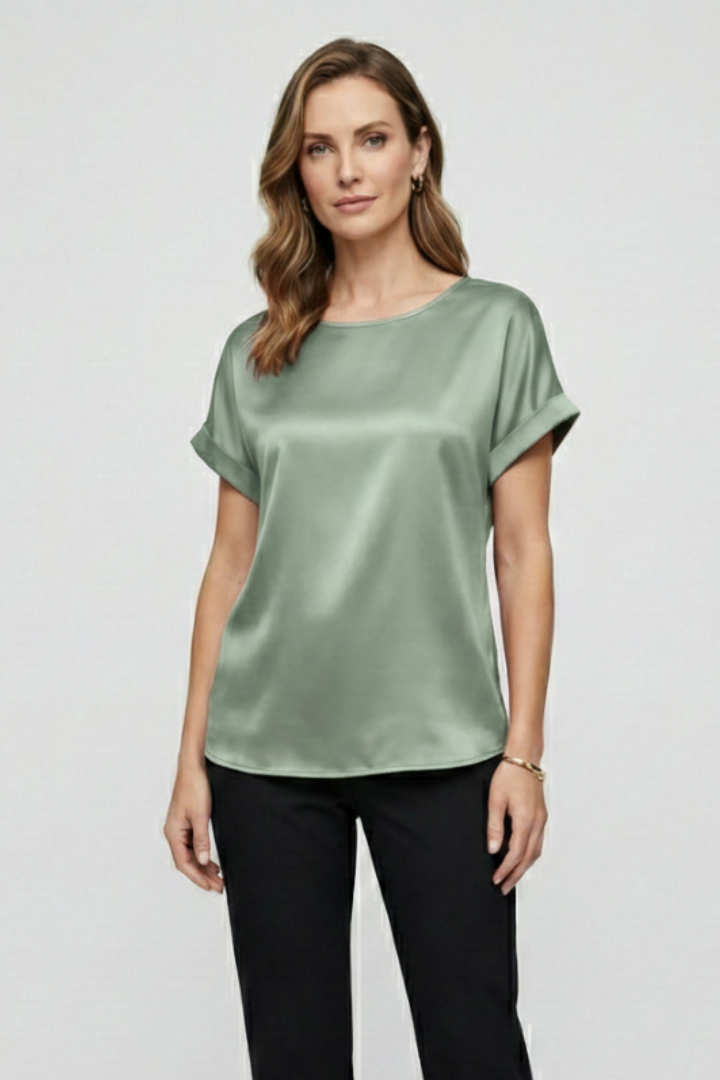 Woman silk-like top clean front photo pose