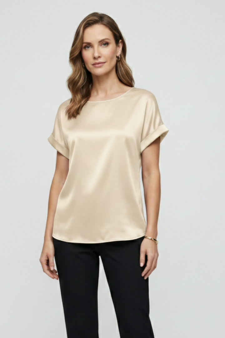Woman glossy top with cuffed sleeves front shot