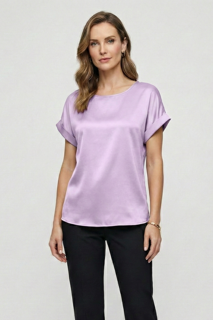 Front pose of purple satin shirt on model