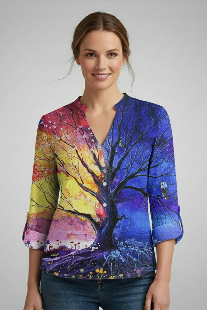 Front studio image of colorful ladies casual blouse