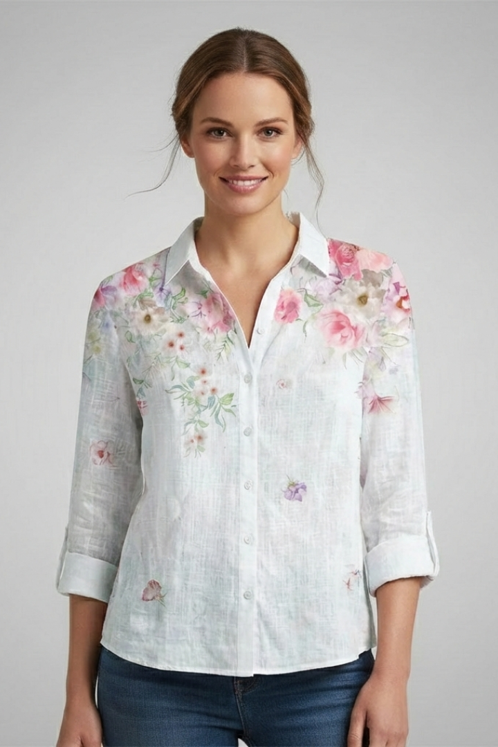 Model in Chic white blouse paired with blue jeans