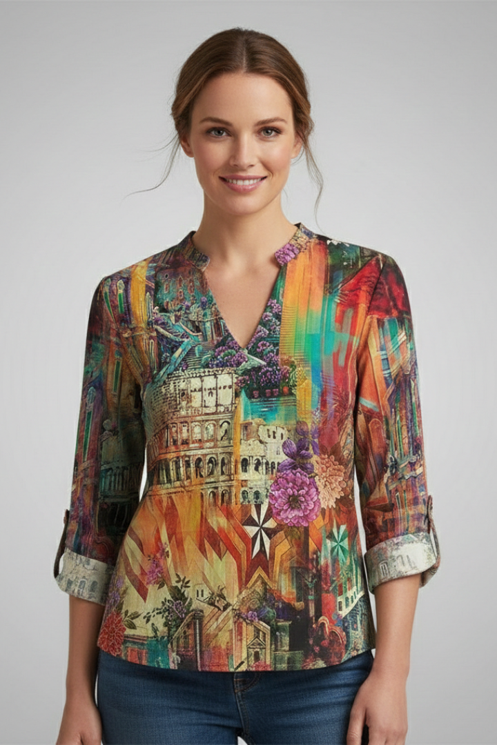 Front view colorful printed blouse on studio background